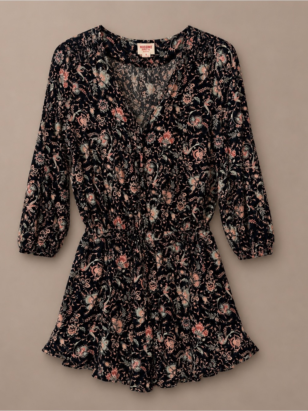Mossimo Supply Co Floral Rayon Romper Large Boho Button Front Sleeve Black Pink